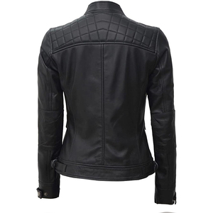 Chaqueta de Motociclista de Cuero Genuino Negro para Mujer, con Hombros Acolchados, Cuello Alto y Cierre de Cremallera - Product Image 2