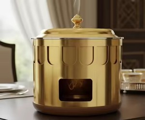 Unique Chafing Dish Silver Stainless Steel Cylindrical Food Pot Wooden Base <b>Candle</b> <b>Warmer</b> For Home Hotel Serving Chafing Dish - Product Image 3