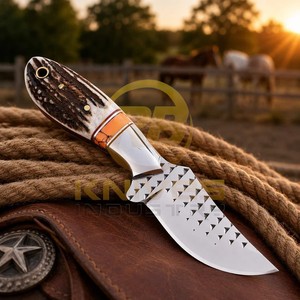 Cuchillo de caza y desollado de acero de Damasco hecho a mano con mango de cuerno de ciervo, hoja fija de espiga completa, para camping al aire libre, DIY OEM - Product Image 2