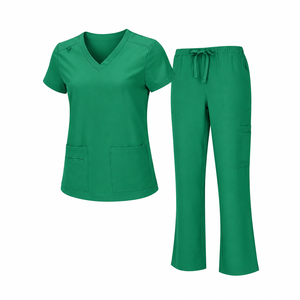 Ensemble de tenue médicale vert émeraude pour femme : Haut à col en V et manches courtes avec poches, pantalon à cordon de serrage – Uniforme d'infirmière pour hôpital et clinique, uni - Product Image 2