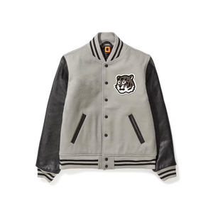 Varsity <b>Jacket</b> Grey Faux Leather Sleeves Embroidered Tiger Back Design Autumn Women's Regular Fit Zipper Closure - Product Image 2