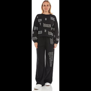 Wicked <b>Women</b>’s, Ladies & Juniors <b>Black</b> 2-Piece Cropped Sweatshirt & Wide-Leg Jogger <b>Set</b> with Iridescent Rhinestones - Product Image 1