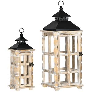 Juego de 2 Faroles Rústicos de 31 y 22 Pulgadas, para Interiores y Exteriores, de Madera Natural Negra Envejecida, Forma Cuadrada, Decorativos, Colgantes - Product Image 1