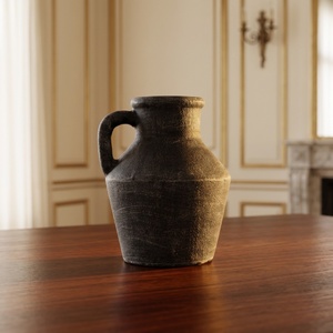 Primitive Charcoal Black <b>Ceramic</b> Pitcher <b>Vase</b> One Handle Textured Jar for Home Decoration - Product Image 3
