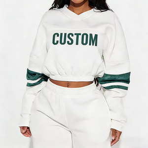 <b>Women's</b> <b>White</b> 2 Piece Set Green Trim Breathable Oversized 100% Cotton <b>Sweatshirt</b> Shorts Drop-shoulder Crew Neck Casual Front - Product Image 4