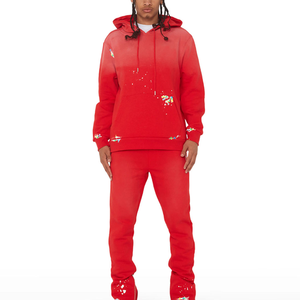 <b>Red</b> Hooded Tracksuit Full Length Sweatshirt And Pants Set Solid Color <b>Glitter</b> Print Streetwear Autumn Wear Men's Casual Jogger - Product Image 1