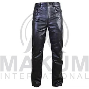 Pantalon en cuir noir pour homme, taille haute, coupe droite, style motard, fermeture boutonnée, pour l'hiver - Product Image 6