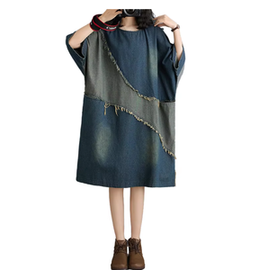 Denim Midi Dress O-Neck Loose Fit Asymmetric Hem Frayed Edges <b>Drop</b> Shoulder Casual Style All Seasons Wear - Product Image 6