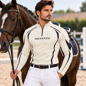 Camisa de Competición Ecuestre Personalizada para Hombre en Color Crema |   Camisa de equitación premium de poliéster de 220 GSM con manga larga y cremallera de un cuarto - Product Image 1