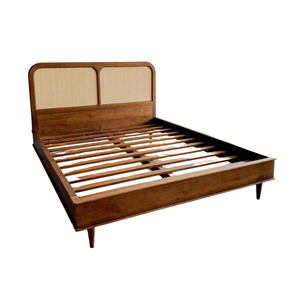 Lit plateforme king-size en teck Foris de style mid-century avec tête de lit en rotin, construction en bois massif pour mobilier de chambre - Product Image 3