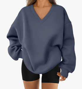 Sudadera Oversize de Mujer Azul Oscuro con Cuello en V, Manga Larga, Estilo Casual Urbano y Deportivo, Ropa al por Mayor OEM ODM - Product Image 1