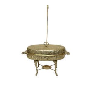 Recipiente para calentar comida de lujo, ovalado, de latón macizo, con soporte, diseño artesanal, para buffet de hotel, con tapa redonda, para fiestas. - Product Image 1