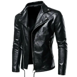 Premium <b>Men's</b> Black Leather Biker <b>Jacket</b> Slim Fit Motorcycle Rider <b>Jacket</b> Fashion Streetwear Outerwear Windproof Zipper - Product Image 3