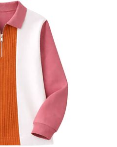 Sudadera personalizada para mujer con cremallera de un cuarto, bloques de color rosa y naranja, paneles acanalados, forro polar, estilo casual, cálida para invierno, top de ropa urbana. - Product Image 4