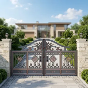 Luxury Grey Powder Coated Wrought Iron Double <b>Swing</b> Main Gate Rose Gold Floral Scrollwork Modern Villa Home Entrance Security - Product Image 4