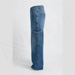 Jean cargo en denim taille haute pour homme, coupe ample, délavé, bleu uni, en coton mi-lourd, style automne - Product Image 1