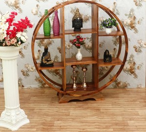 Solid Wood Round Display Shelf Hand Carved Circular <b>Bookcase</b> Multi-Tier Storage Rack for Living Room | Pindel Handicraft - Product Image 1