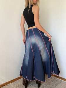 Women's Denim Maxi <b>Skirt</b> Asymmetric <b>Patchwork</b> Embroidery A-Line Loose Fit Stonewashed Cotton Casual Autumn Wear - Product Image 2