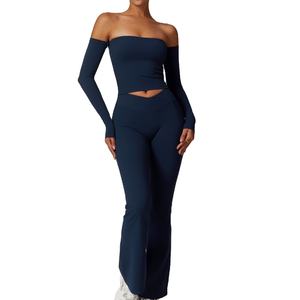 Conjuntos de Yoga para mujer 2025, ropa activa, Top de manga larga, parte inferior acampanada, patrón sólido, botón corto, levantamiento de glúteos, conjuntos de Fitness para gimnasio - Product Image 5