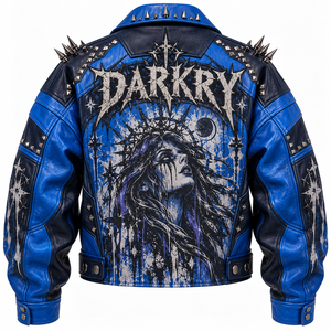 Royal Blue Genuine Leather <b>Jacket</b> <b>Womens</b> Gothic Crown Graphic Spiked Stud Collar Zip Biker Coat Bespoke OEM ODM Supplier - Product Image 2