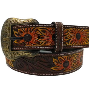 Cinturón de Cuero con Diseño de Girasol Tallado a Mano |   Cinturón trenzado floral estilo western vintage con hebilla de cobre |   Cinturón Unisex de Cuero Vacuno de Primera Calidad - Product Image 1