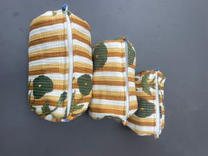 Pochette cosmétique matelassée rayée avec fermeture éclair à motif de feuilles, en coton, style vintage, utilisable toute l'année - Product Image 4
