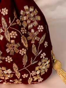 Handmade Red Velvet Potli Purse with Gold Floral Embroidery Pearl Beaded Round Shape Wedding Craft Cross-<b>stitching</b> & Needlework - Product Image 2