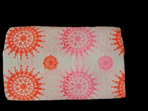 Factory Direct Premium Cotton Eyelet Embroidered Fabric – Vibrant Pink & Orange Floral Mandala Design on White Base for Dresses - Product Image 3