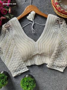 Premium Collection Silk with <b>Beads</b>-Pearl-Crystal Hand-work & V-Neck 3/4 Sleeve Back-Hook Blouse Collection At Wholesale Rate - Product Image 3