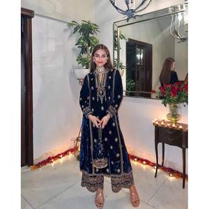 NOUVEAU ARRIVÉ VELOURS ZARI BRODERIE TRAVAIL TOP PALAZZO AVEC DUPATTA BLEU MARINE - Product Image 1