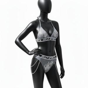 Ensemble de bikini pour femmes, 180 GSM, polyester, élasthanne, extensible, gris, strass, transfert thermique, logo personnalisé, bikinis pour femmes - Product Image 4