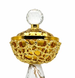 Brûleur à Bakhoor en métal doré de luxe, Mabkhara, brûleur d'encens arabe Oud avec base en céramique, décoration spirituelle pour la maison - Product Image 1