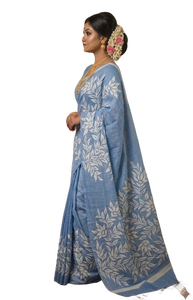 Sari bleu aqua à imprimé floral, tissu en soie pure Bishnupuri, pour femmes, Inde, Pakistan, Bangladesh, sari traditionnel - Product Image 3