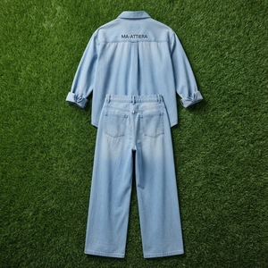Women Light Blue Denim <b>Shirt</b> And Wide Leg Jeans Set Casual Two Piece Matching Denim Outfit Streetwear Fashion - Product Image 4
