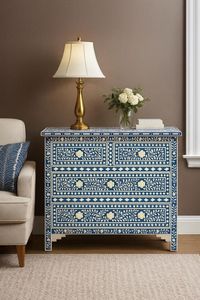 Cómoda Alta Moderna de Lujo con Incrustaciones de Hueso Negro y Madera de Mango Sólida, 5 Cajones, Diseño Floral Artesanal, Almacenamiento para Dormitorio y Sala de Estar, Hecha a Mano - Product Image 3