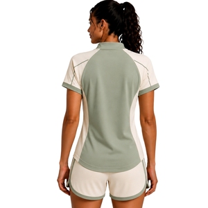 Ensemble de t-shirt et short de sport pour femme, vert sauge beige, demi-zip, séchage rapide, manches courtes, vêtements de sport, gym, fitness, course à pied, entraînement - Product Image 2