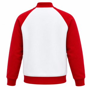 เสื้อแจ็คเก็ตวาร์ซิตี้สีแดงขาวสำหรับผู้ชาย ผ้าฟลีซ ทรงเบสบอล บอมเบอร์ลำลอง เสื้อคลุมฤดูหนาว ปิดแบบสวมหัว แต่งขอบยางยืด ตัดต่อสี - Product Image 2