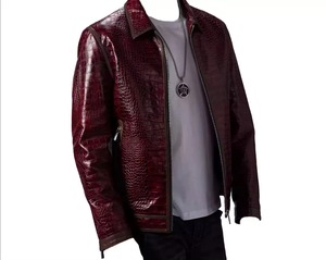 Veste en cuir pour homme, rouge, effet croco, style motard, fermeture éclair sur le devant, col rabattu, mode automne - Product Image 3