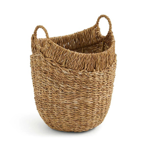 Round Vintage Woven Seagrass Handmade Eco-Friendly Storage <b>Basket</b> with Handles Multi-Purpose Home Organizer for Living Room - Product Image 1