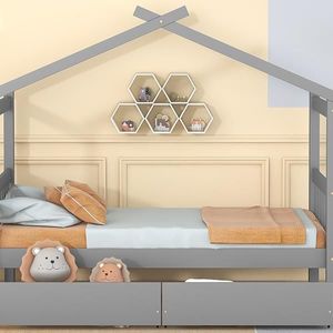 Twin Size Wooden <b>House</b> <b>Bed</b> with Drawers Gray for Kids - Product Image 6