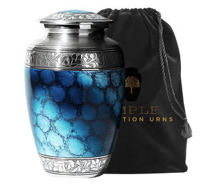 Urne funéraire en métal finition marbre bleu pour cendres humaines |   Urne funéraire décorative pour adulte avec couvercle gravé en argent, 220 pouces cubes - Product Image 2