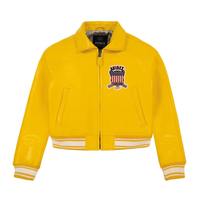 Blouson universitaire pour homme, blouson bomber jaune en PU pour homme, avec patch brodé, col rabattable, fermeture éclair, vêtement décontracté pour l'automne