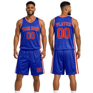 Ensemble uniforme de basket-ball bleu personnalisé style rétro avec bordure de texte rouge et blanc, maillot et short, design rétro avec nom et numéro d'équipe - Product Image 1