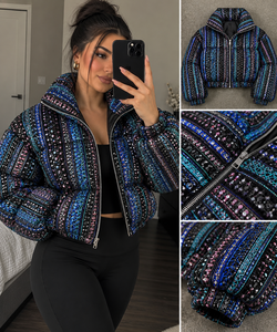 Blouson matelassé à sequins pour femme, col montant, manches classiques, court, printemps, broderie scintillante, motif géométrique - Product Image 6