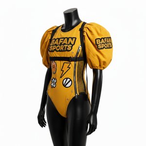 Traje de Baño Premium para Mujer en Nailon y Spandex GSM, Amarillo con Paneles en Contraste Negro, Parche Bordado, Logotipo Personalizado - Product Image 4