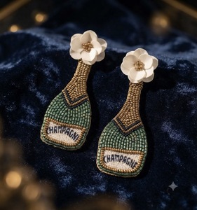 Boucles d'oreilles pendantes en forme de bouteille de champagne perlée, motif floral, couleur or vert, bijoux fantaisie pour femmes - Product Image 1
