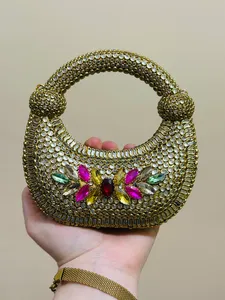 Ethnic <b>Mosaic</b> Kundan Handheld Clutch Purse for Women with Luxurious Designer Finish with Custom Design for Bridal Events - Product Image 3