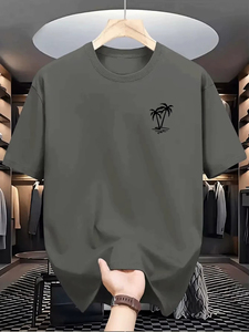 เสื้อยืดผู้ชายคุณภาพใหม่ ฤดูร้อน ผ้าฝ้าย 100% แฟชั่นลำลอง ทรงหลวม พิมพ์ลายต้นมะพร้าว คอกลม สปอร์ต - Product Image 5