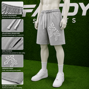 Shorts de survêtement pour homme en molleton de coton, coupe ample, personnalisés avec impression croisée, de haute qualité, pour le sport et le streetwear, avec cordon de serrage - Product Image 5