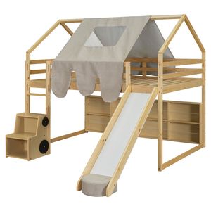 Letto a soppalco in legno a grandezza naturale con struttura a forma di casetta e tenda beige naturale per bambini - Product Image 4